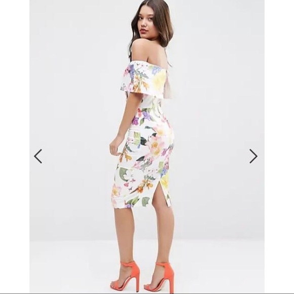 ASOS Deep Fold Bardot Off The Shoulder Midi Pencil In Bright Tropical Floral - Picture 2 of 5